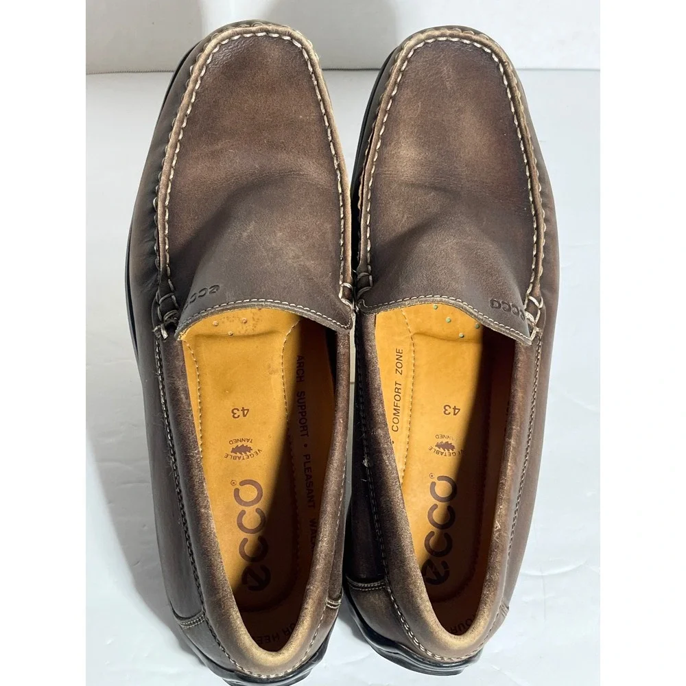 ECCO Mens Brown Leather Handsewn Loafers Slip On Driving Shoes Size 43 9 9.5